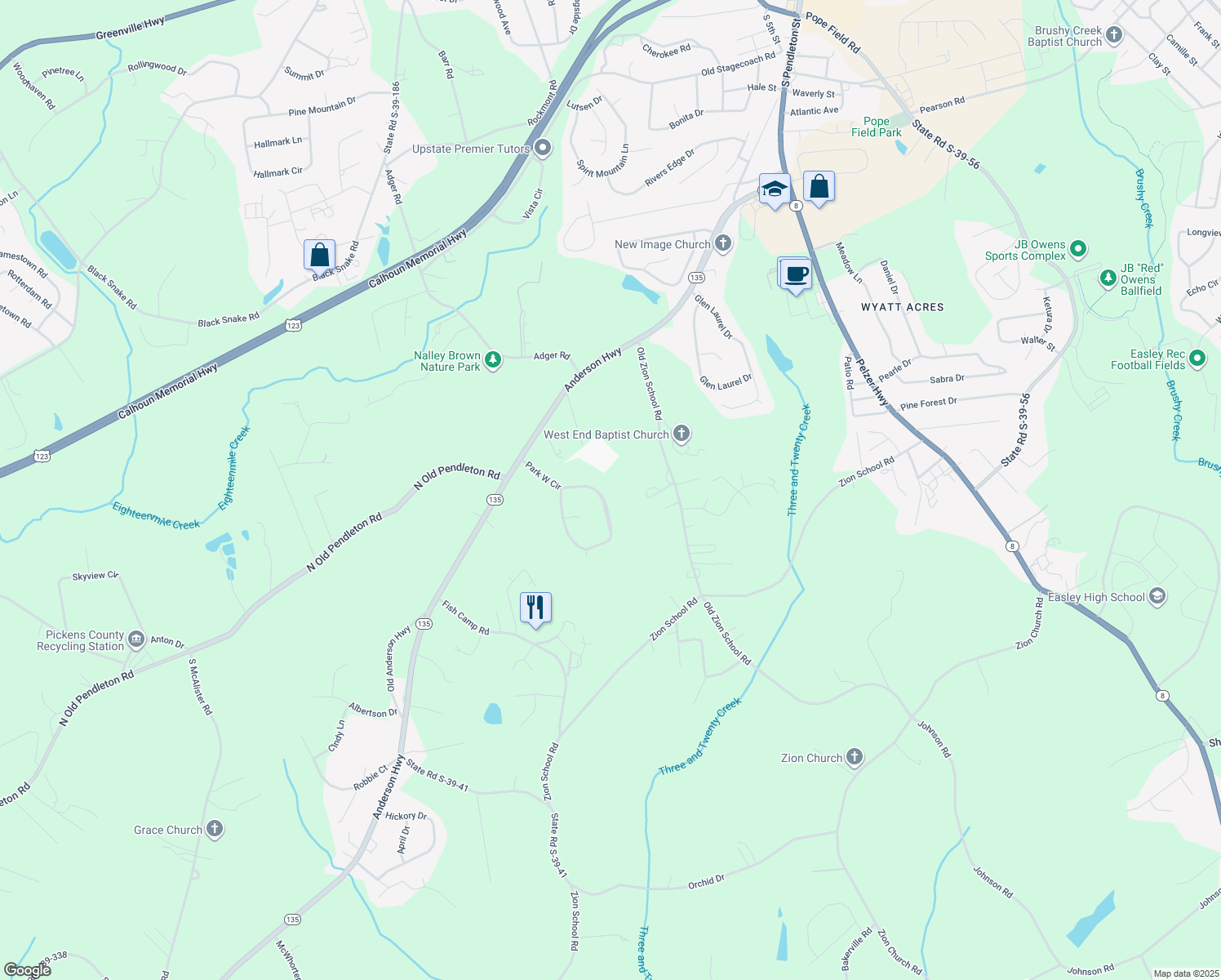 map of restaurants, bars, coffee shops, grocery stores, and more near 307 Park West Circle in Easley