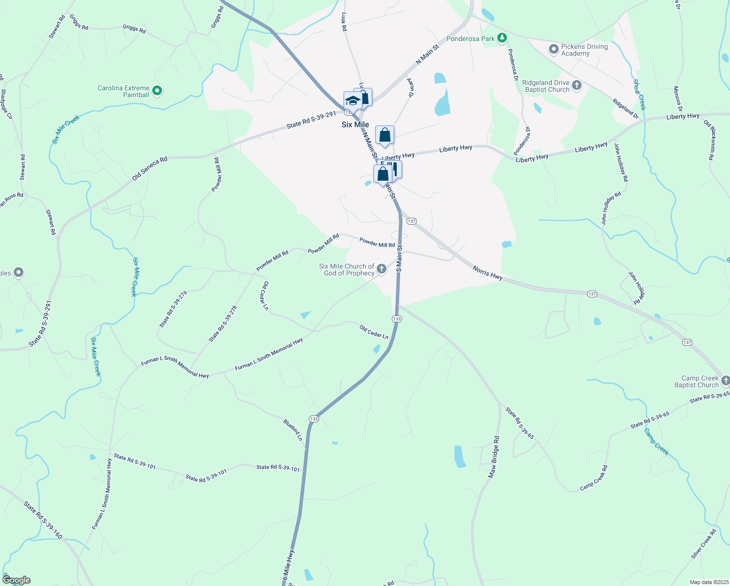 map of restaurants, bars, coffee shops, grocery stores, and more near 163 Furman L Smith Memorial Highway in Central