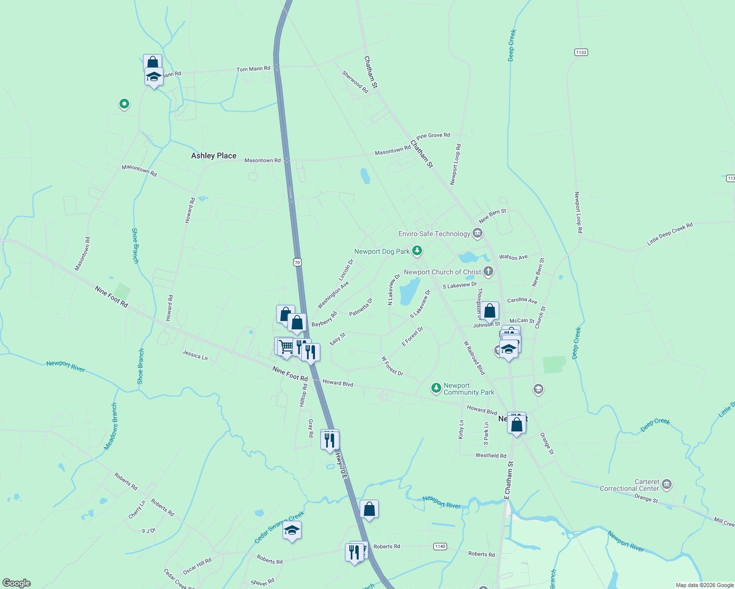 map of restaurants, bars, coffee shops, grocery stores, and more near 102 Palmetta Drive in Newport