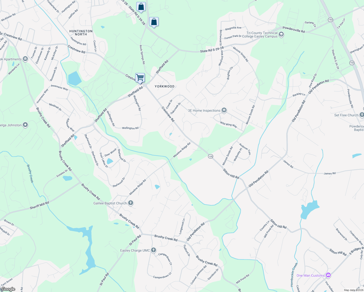 map of restaurants, bars, coffee shops, grocery stores, and more near 104 Raintree Ct in Easley