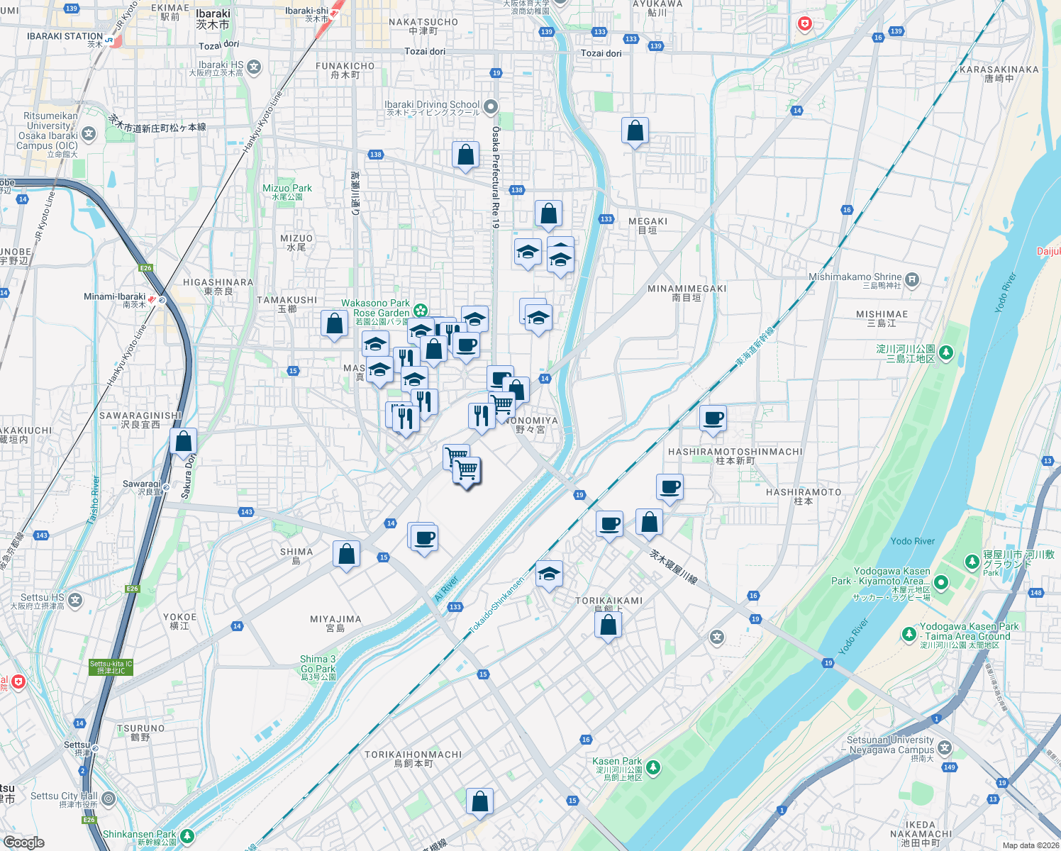 map of restaurants, bars, coffee shops, grocery stores, and more near in Ibaraki