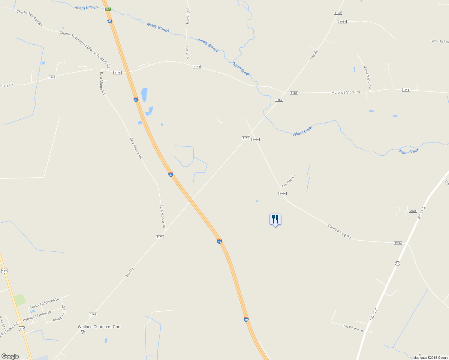 map of restaurants, bars, coffee shops, grocery stores, and more near 807 Bay Road in Teachey