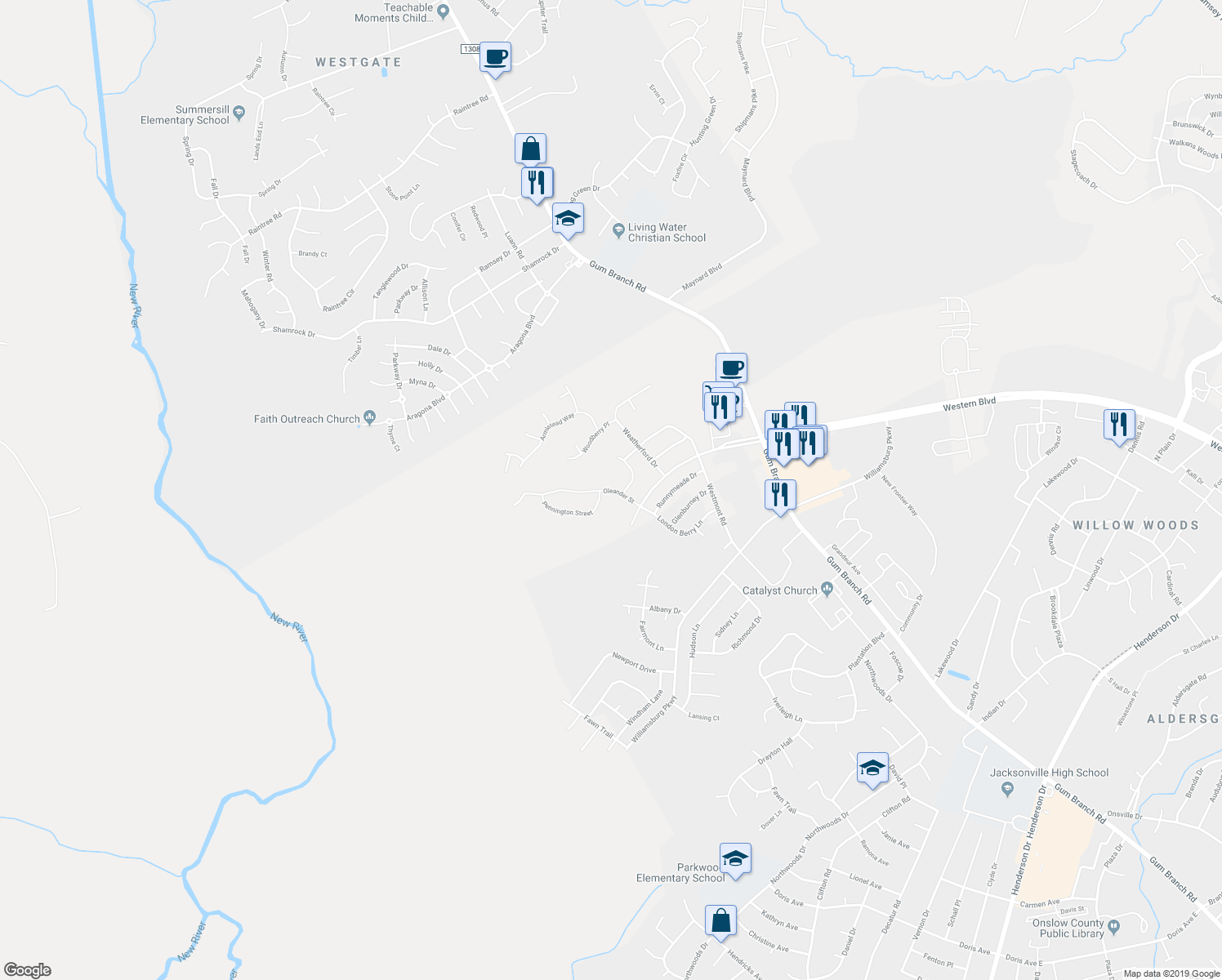 map of restaurants, bars, coffee shops, grocery stores, and more near 808 Oleander Drive in Jacksonville