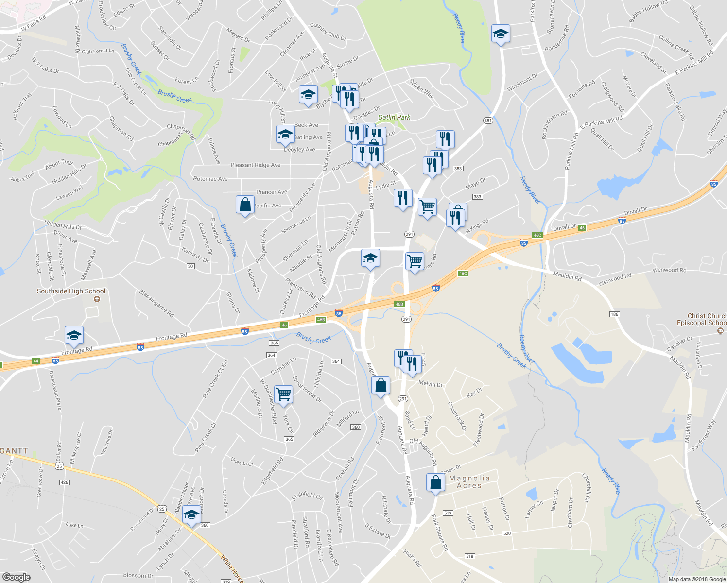 map of restaurants, bars, coffee shops, grocery stores, and more near 4002 Augusta Road in Greenville