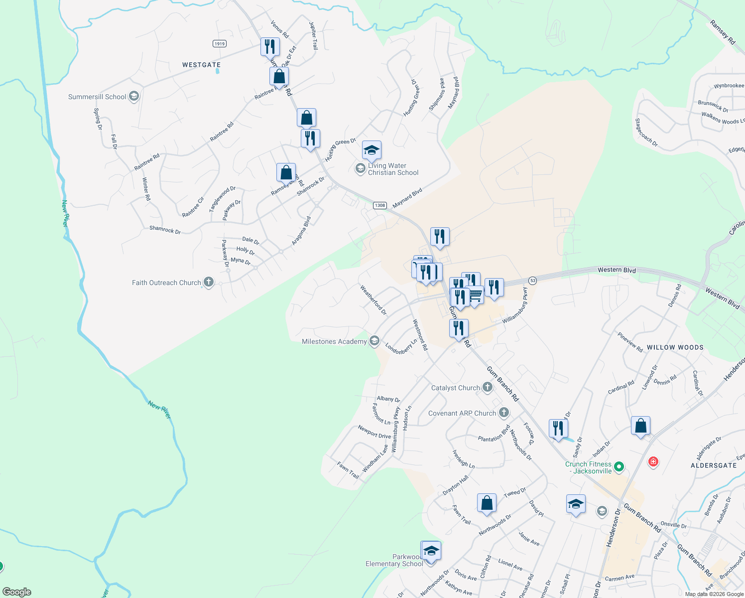 map of restaurants, bars, coffee shops, grocery stores, and more near Weatherford Dr in Onslow