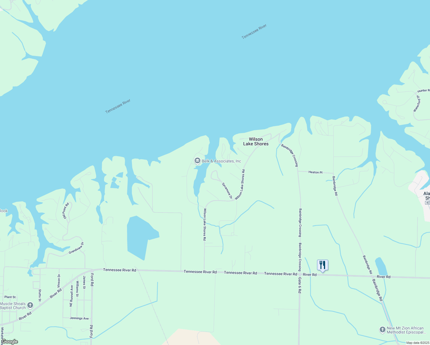 map of restaurants, bars, coffee shops, grocery stores, and more near 298-362 West Sycamore Drive in Muscle Shoals