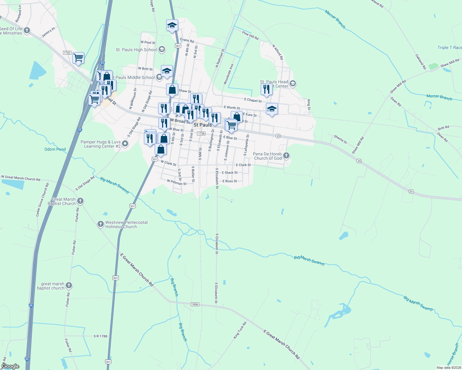 map of restaurants, bars, coffee shops, grocery stores, and more near 410 East Ross Street in St. Pauls