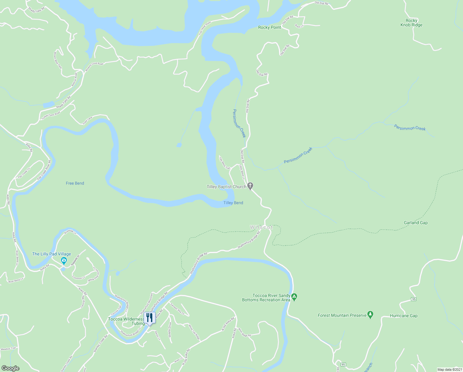 map of restaurants, bars, coffee shops, grocery stores, and more near 141 Tilley Bend Lane in Blue Ridge