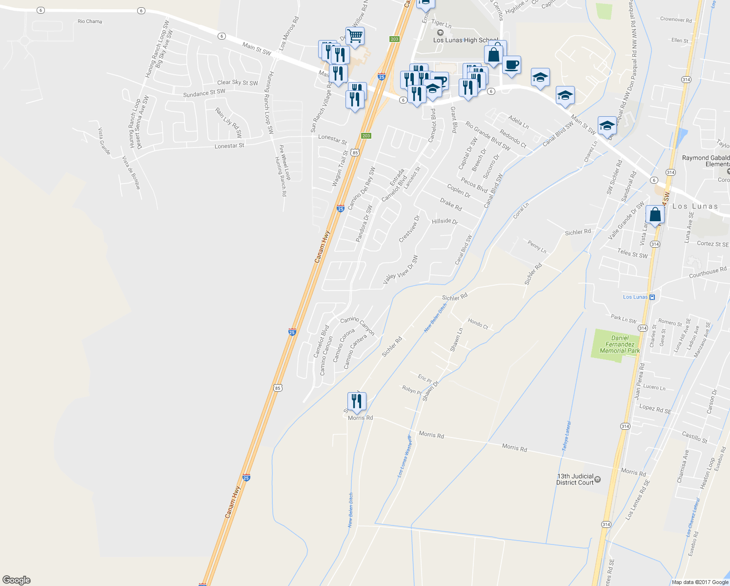 map of restaurants, bars, coffee shops, grocery stores, and more near 1761 Valley View Drive Southwest in Los Lunas