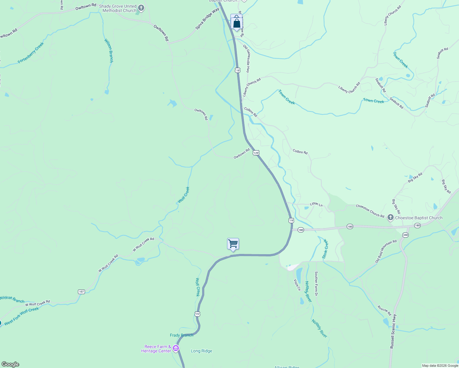 map of restaurants, bars, coffee shops, grocery stores, and more near Self Mountain Road in Blairsville