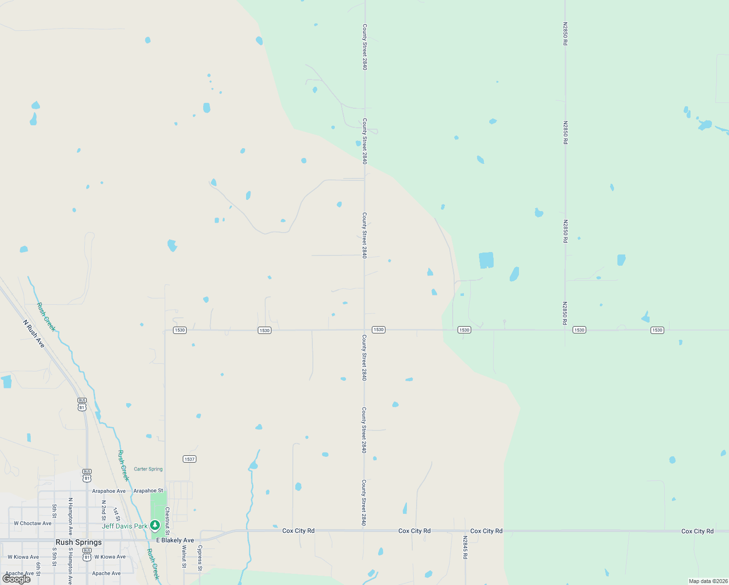 map of restaurants, bars, coffee shops, grocery stores, and more near 4070 County Street 2840 in Rush Springs