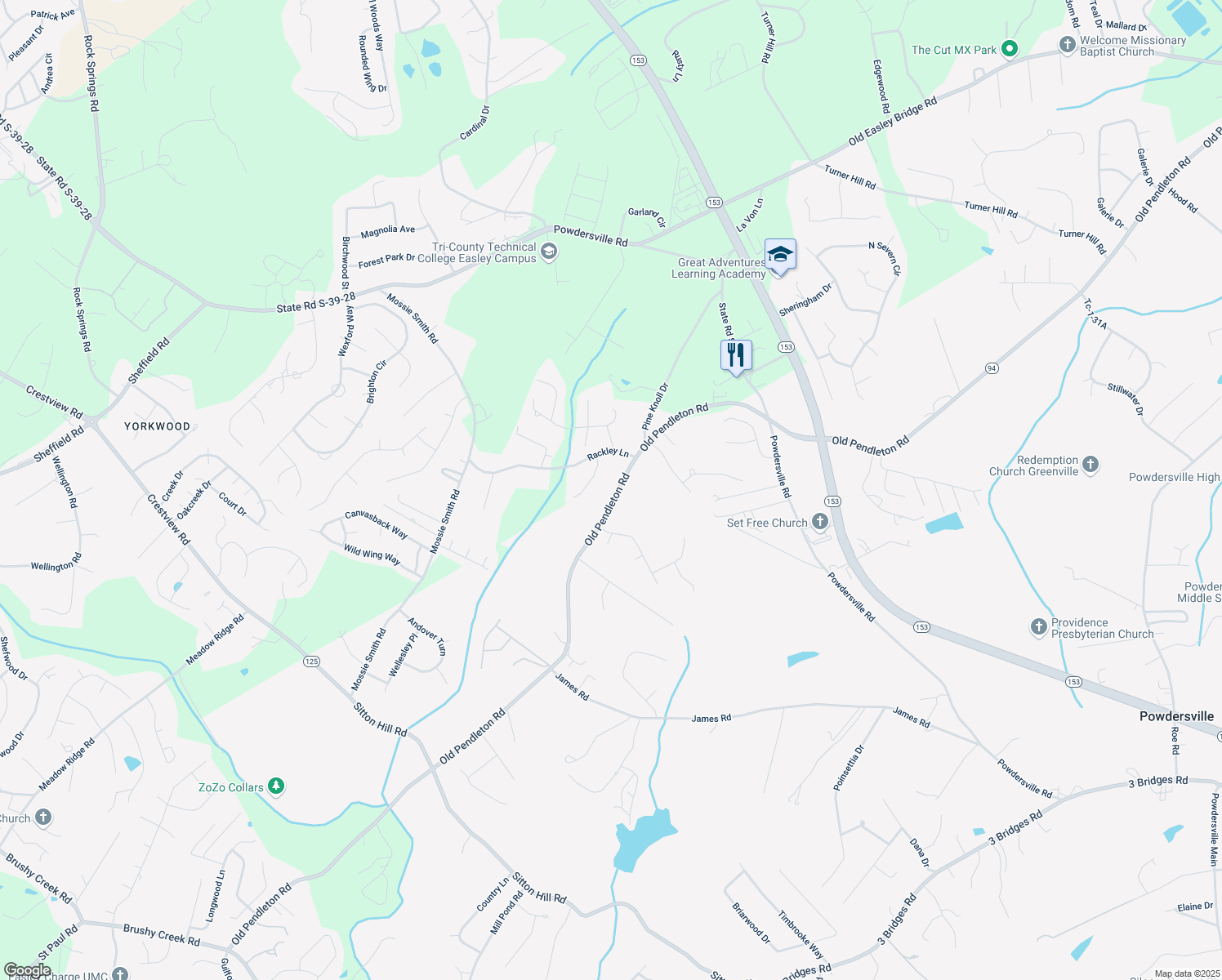 map of restaurants, bars, coffee shops, grocery stores, and more near 1710 Old Pendleton Road in Easley