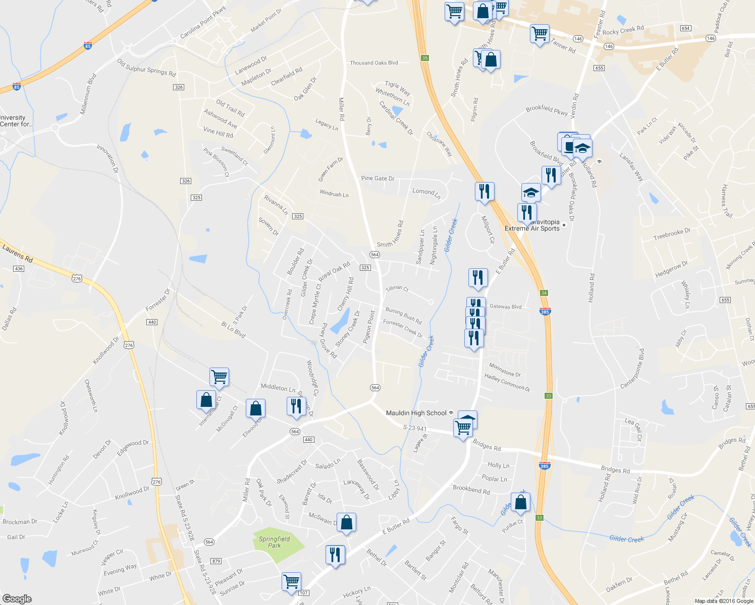 map of restaurants, bars, coffee shops, grocery stores, and more near 100 Burning Bush Lane in Greenville