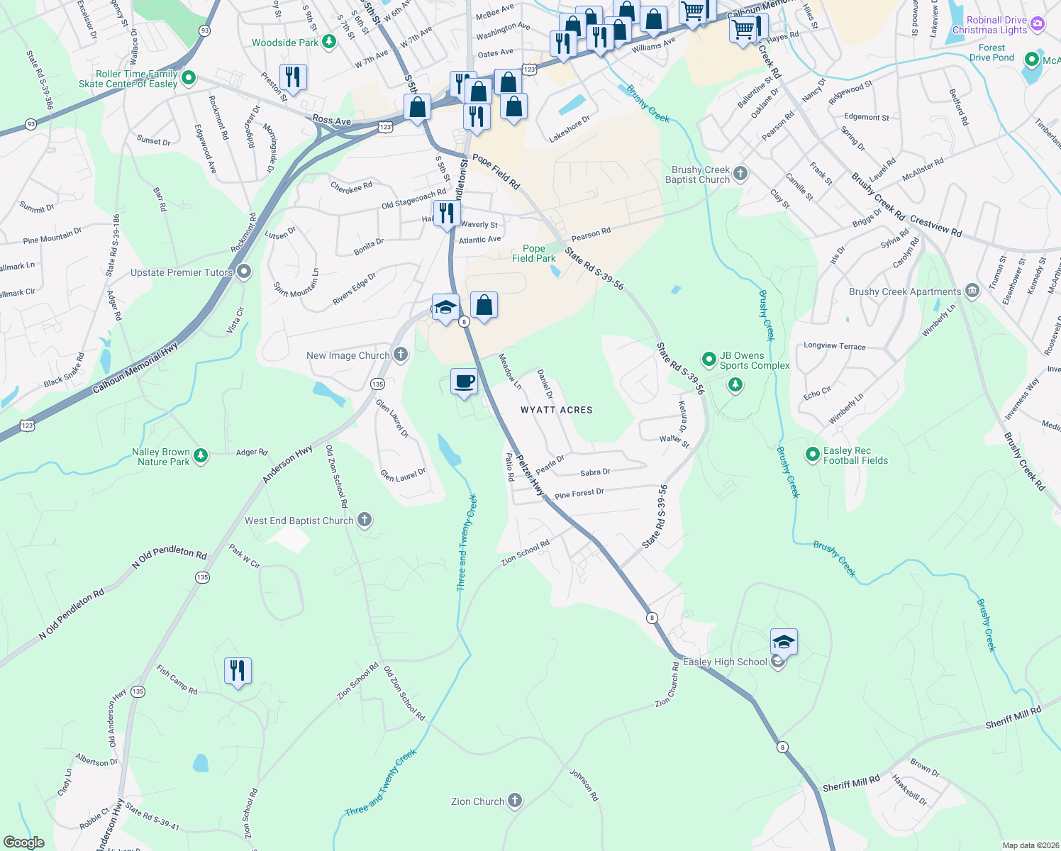 map of restaurants, bars, coffee shops, grocery stores, and more near 212 Meadow Lane in Easley