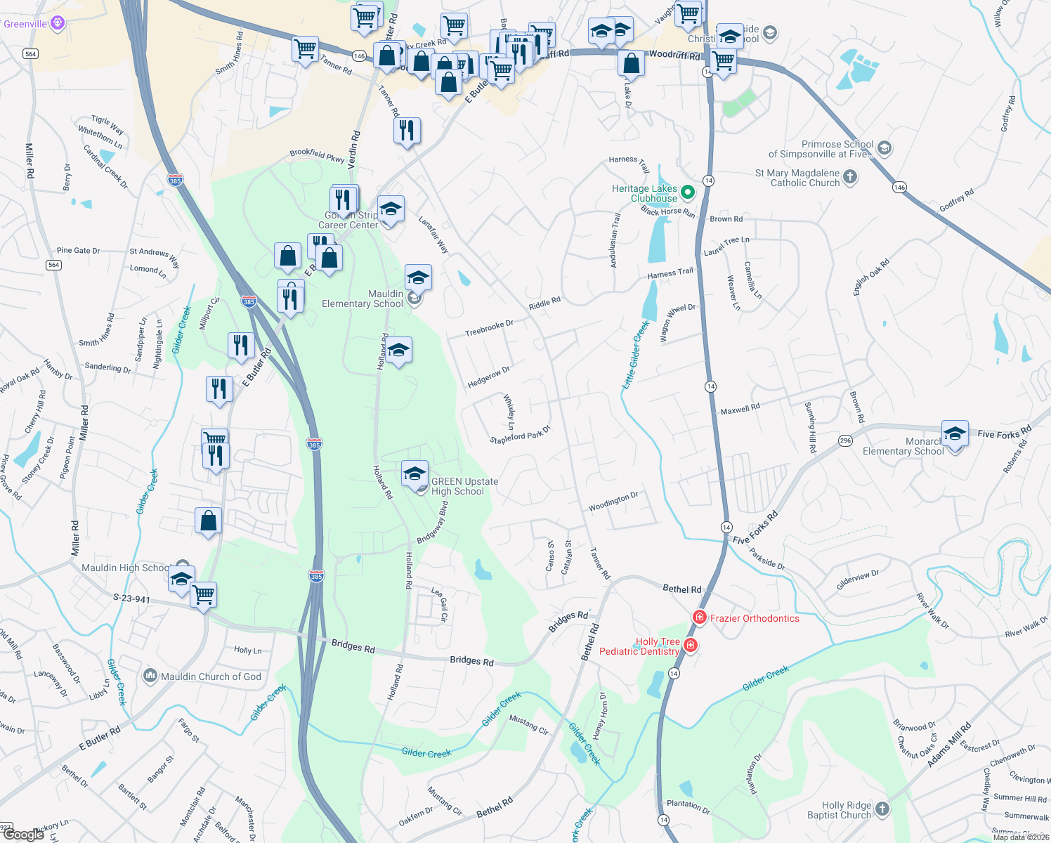 map of restaurants, bars, coffee shops, grocery stores, and more near 104 Barley Barn Court in Greenville
