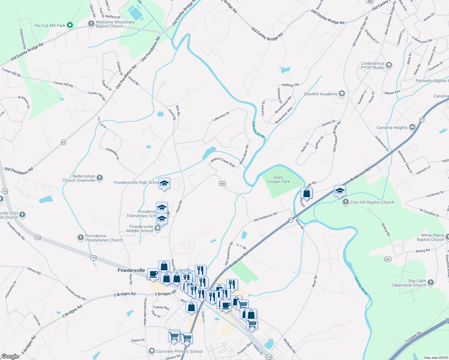 map of restaurants, bars, coffee shops, grocery stores, and more near 124 Birch River Road in Greenville