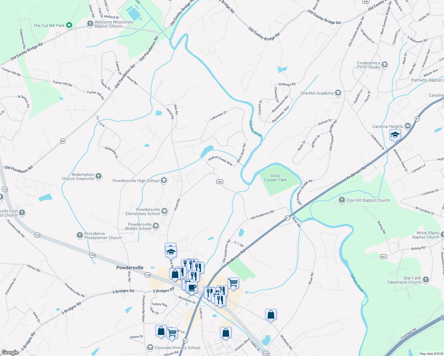 map of restaurants, bars, coffee shops, grocery stores, and more near 124 Birch River Road in Greenville