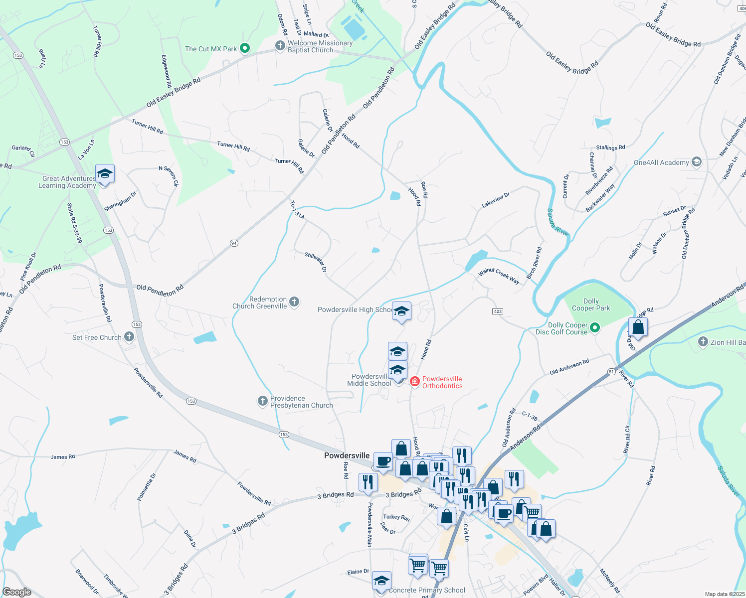 map of restaurants, bars, coffee shops, grocery stores, and more near 420 Roe Road in Greenville