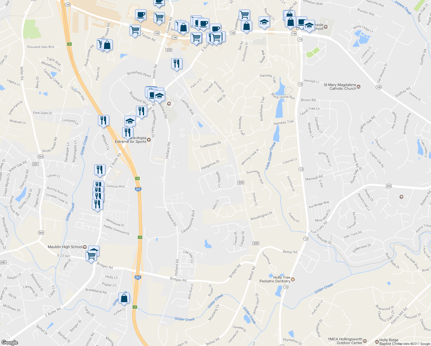 map of restaurants, bars, coffee shops, grocery stores, and more near 115 Whixley Lane in Greenville