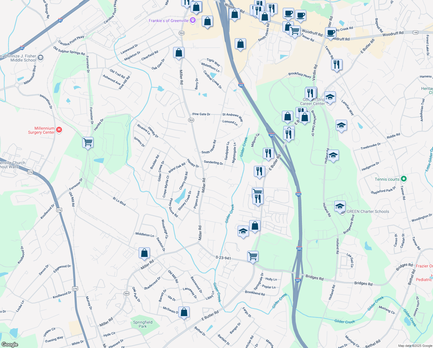 map of restaurants, bars, coffee shops, grocery stores, and more near 11 Tillman Court in Greenville