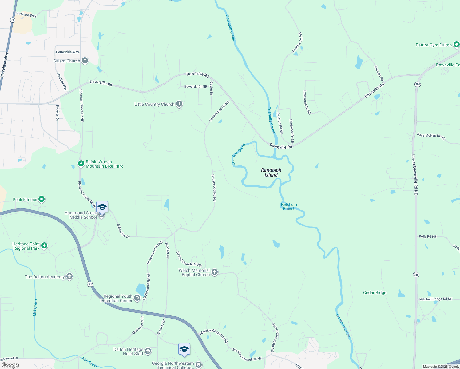 map of restaurants, bars, coffee shops, grocery stores, and more near 3050 Underwood Road Northeast in Dalton