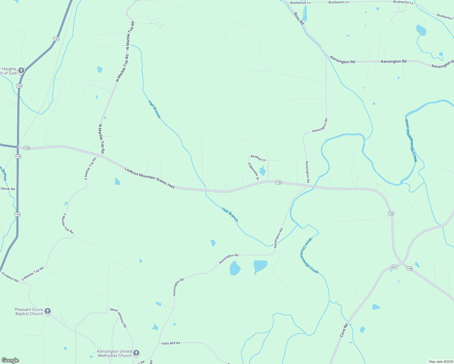 map of restaurants, bars, coffee shops, grocery stores, and more near 7480 Georgia 136 in Chickamauga