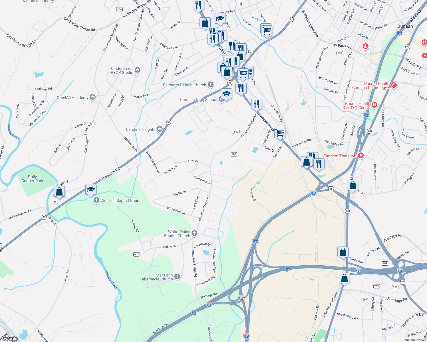 map of restaurants, bars, coffee shops, grocery stores, and more near 7 Misty Creek Ln in Greenville