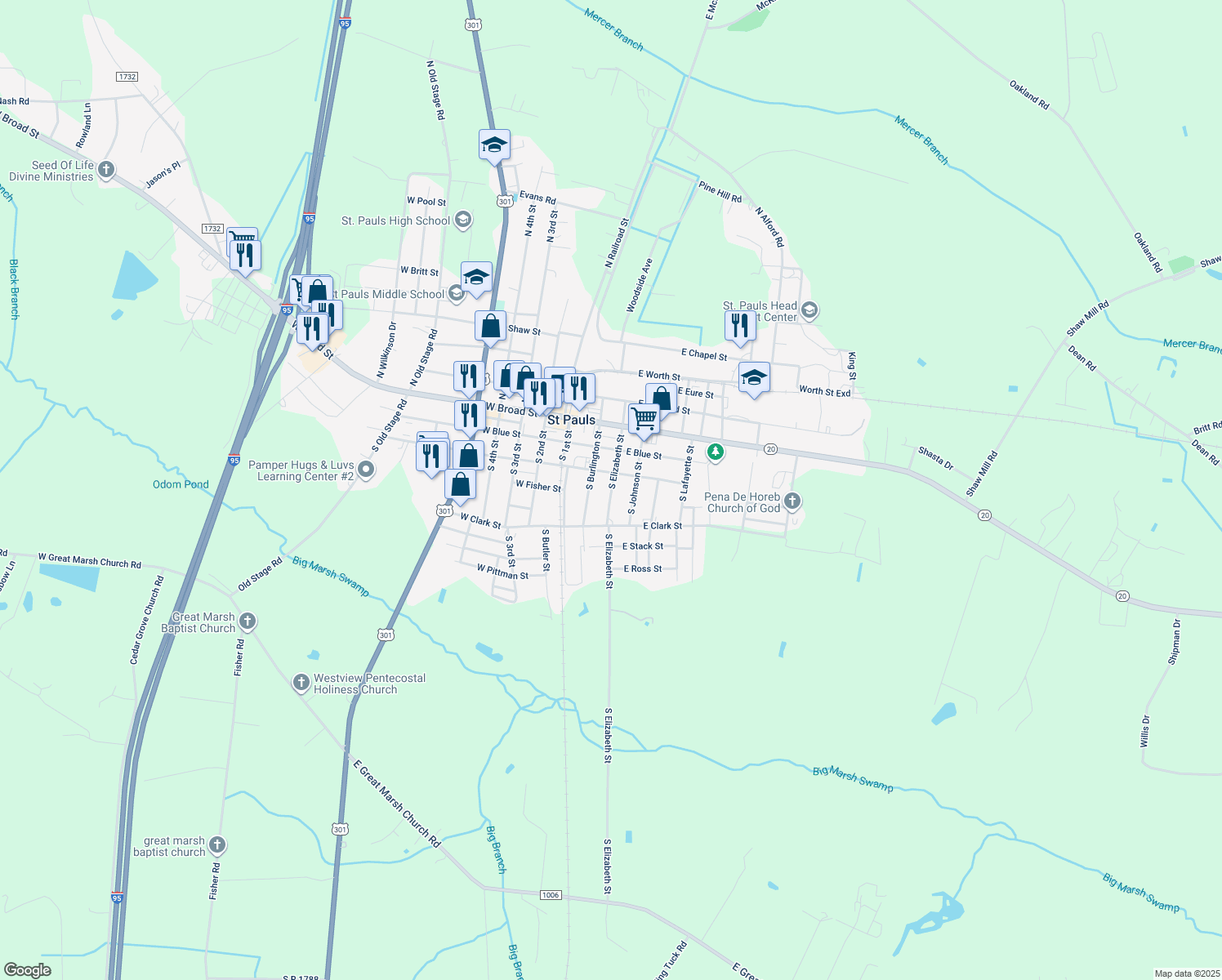 map of restaurants, bars, coffee shops, grocery stores, and more near 320 South Elizabeth Street in Saint Pauls