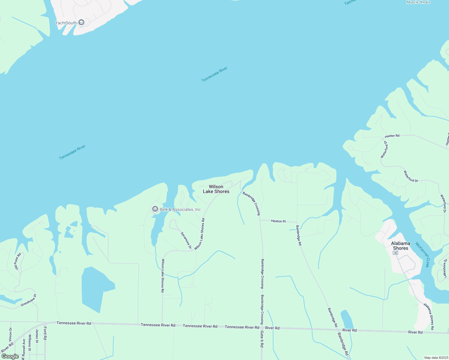map of restaurants, bars, coffee shops, grocery stores, and more near 285 Lake View Drive in Muscle Shoals