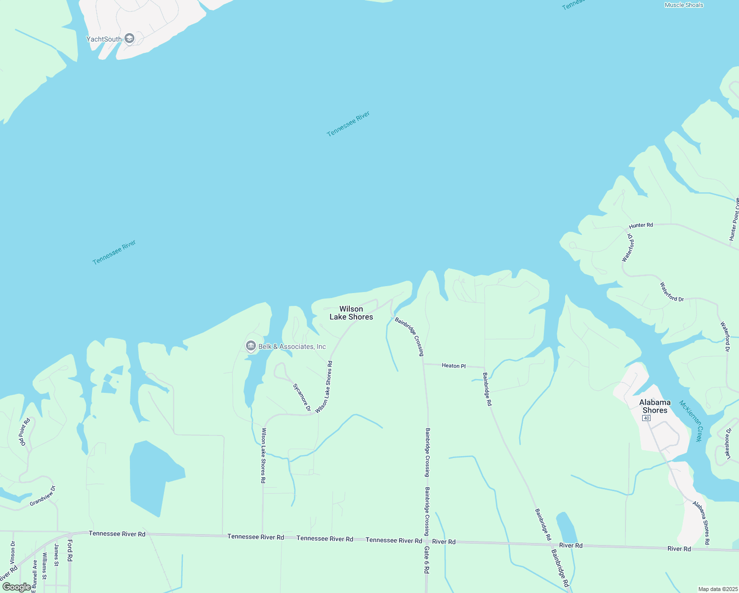 map of restaurants, bars, coffee shops, grocery stores, and more near 285 Lake View Drive in Muscle Shoals