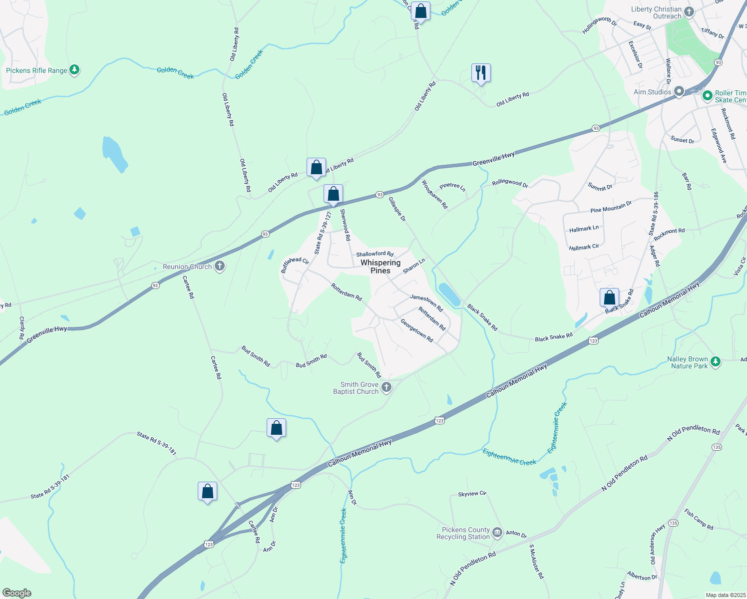 map of restaurants, bars, coffee shops, grocery stores, and more near 318 Sharon Lane in Easley