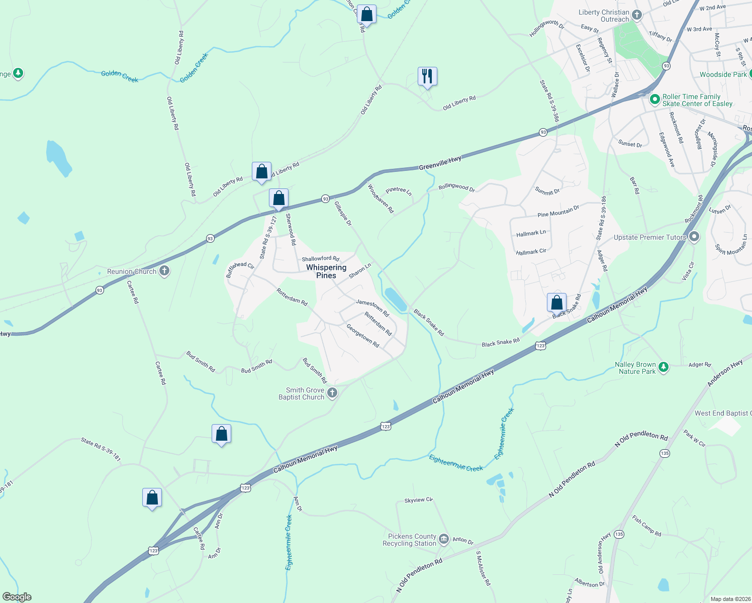 map of restaurants, bars, coffee shops, grocery stores, and more near 309 Jamestown Road in Easley