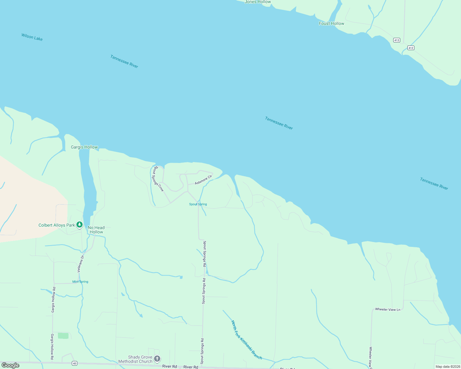 map of restaurants, bars, coffee shops, grocery stores, and more near 380 Millstream Cove Road in Muscle Shoals