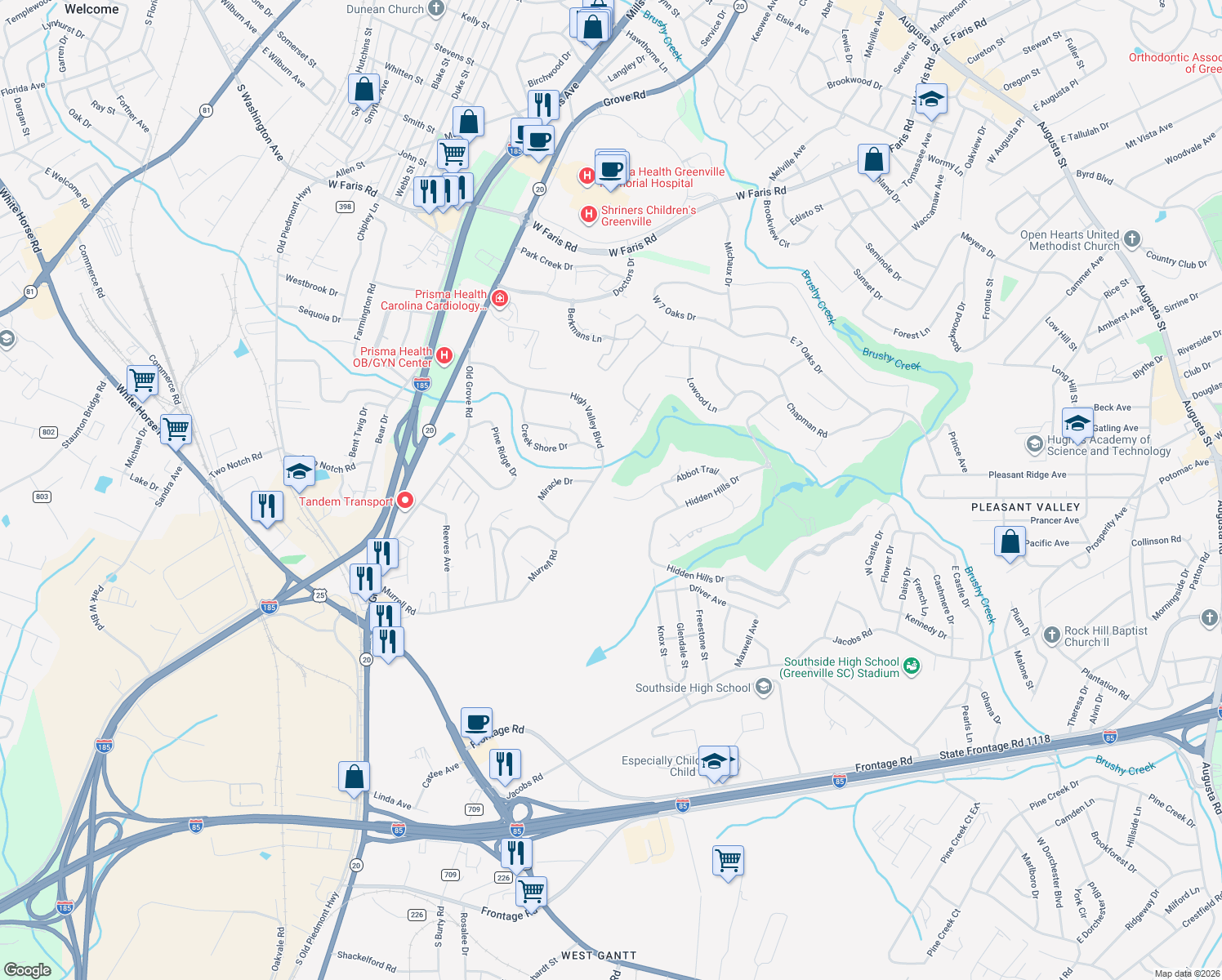 map of restaurants, bars, coffee shops, grocery stores, and more near 212 Abbot Trail in Greenville