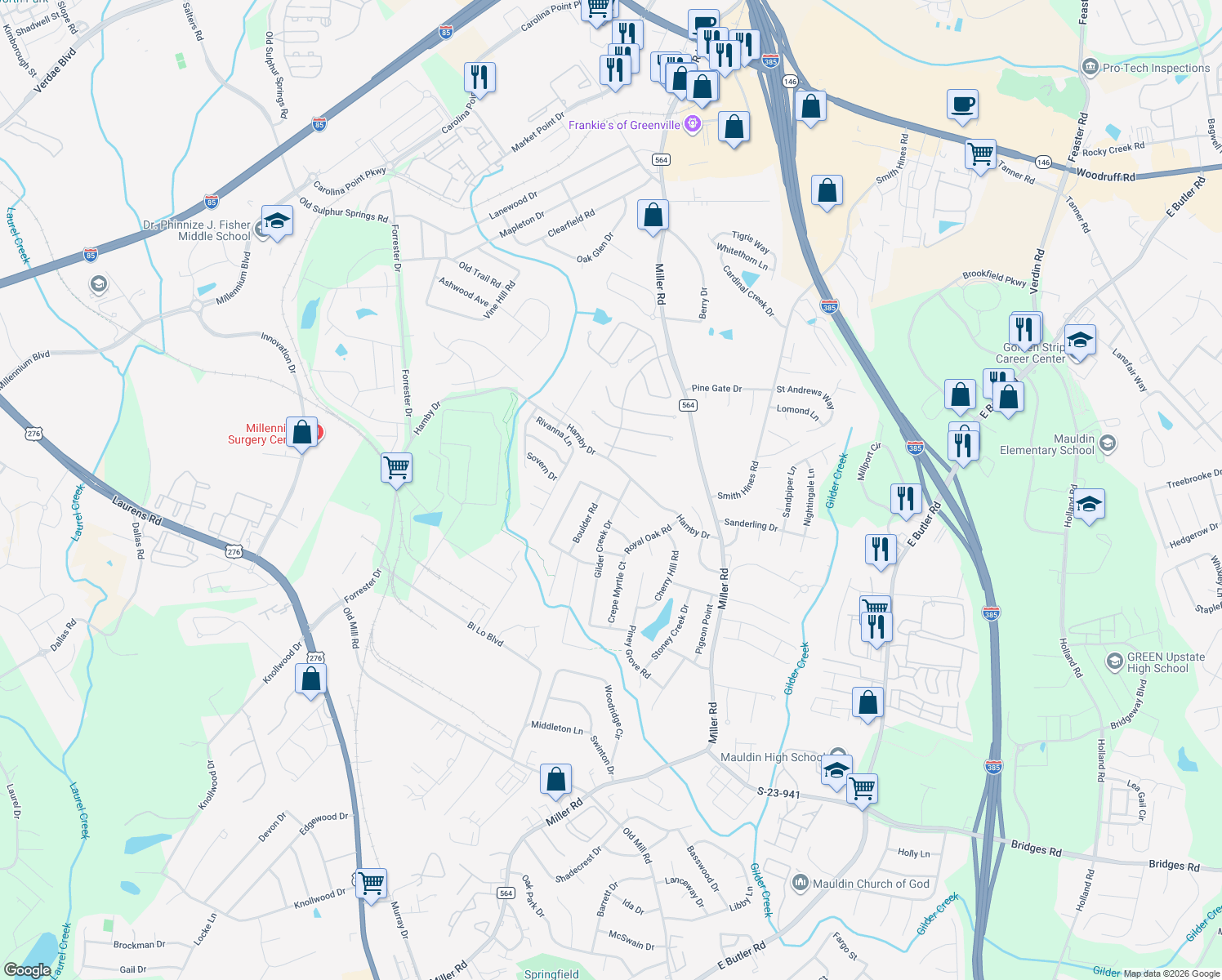 map of restaurants, bars, coffee shops, grocery stores, and more near 102 Pheasant Trail in Greenville