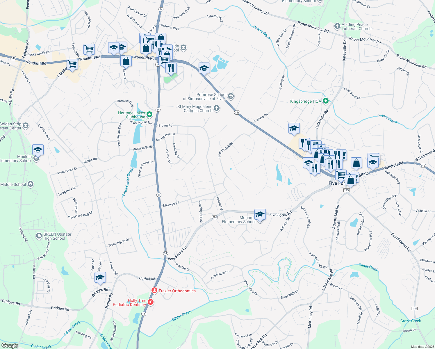 map of restaurants, bars, coffee shops, grocery stores, and more near 1-99 Somerleaf Way in Simpsonville