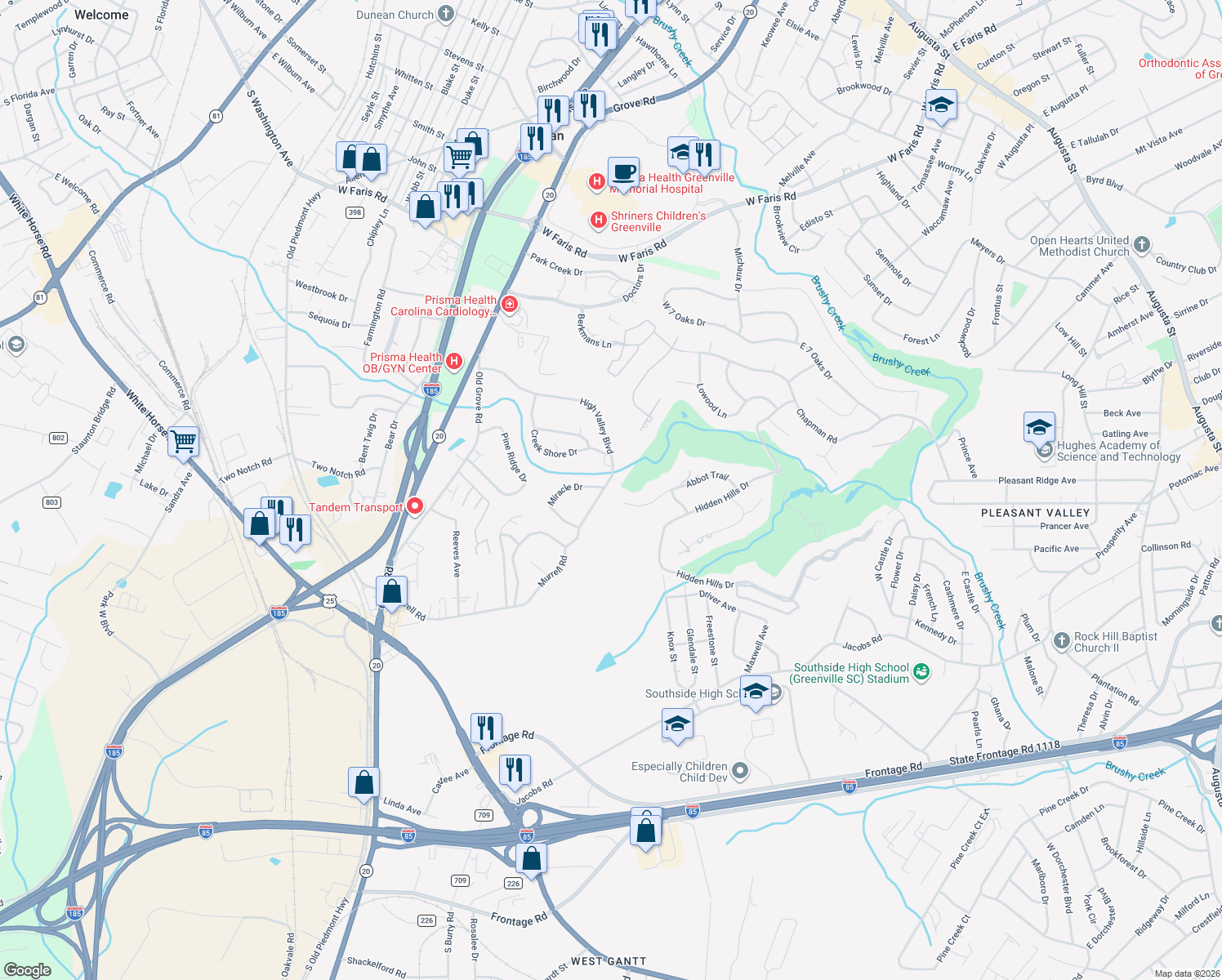 map of restaurants, bars, coffee shops, grocery stores, and more near 212 Abbot Trail in Greenville