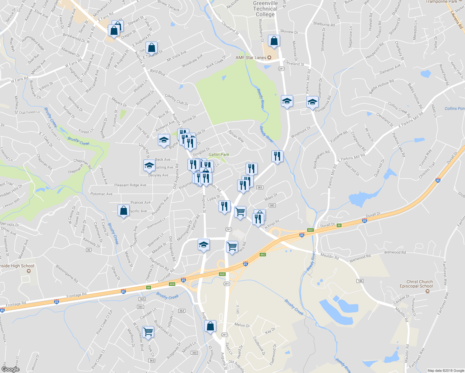 map of restaurants, bars, coffee shops, grocery stores, and more near 14 Post Oak Road in Greenville