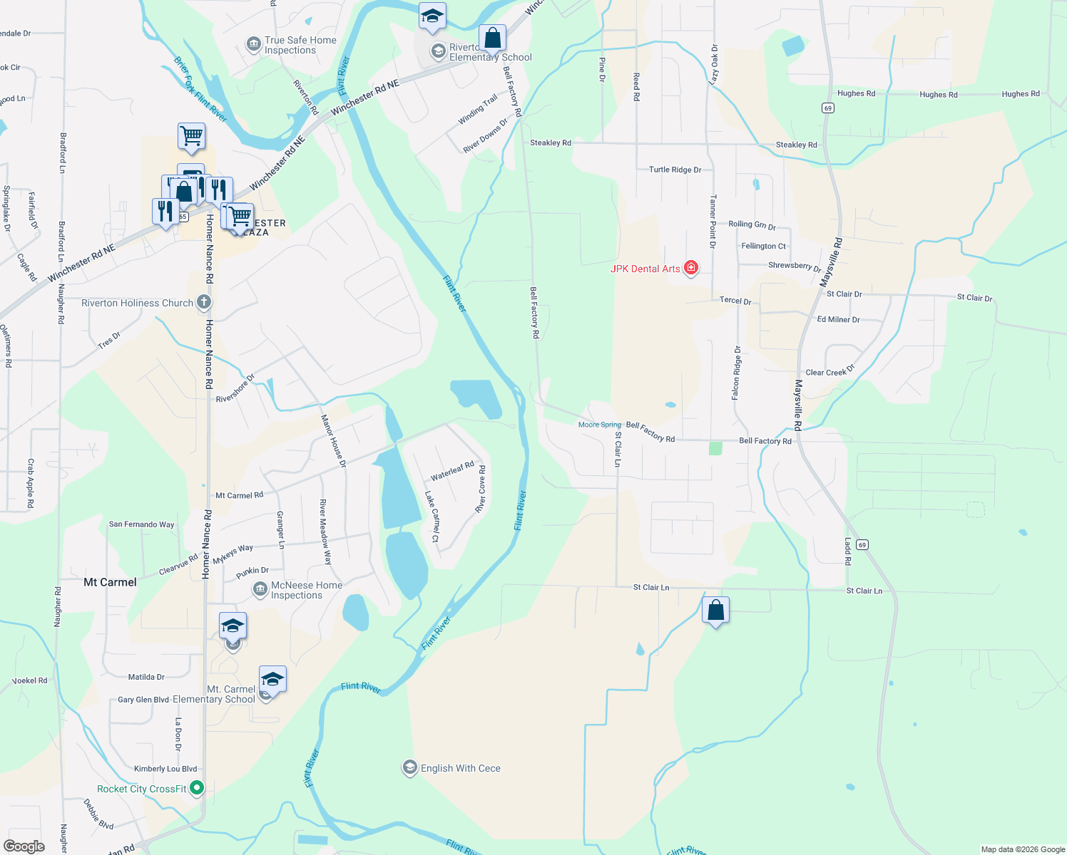 map of restaurants, bars, coffee shops, grocery stores, and more near 134 Southfork Drive in Huntsville