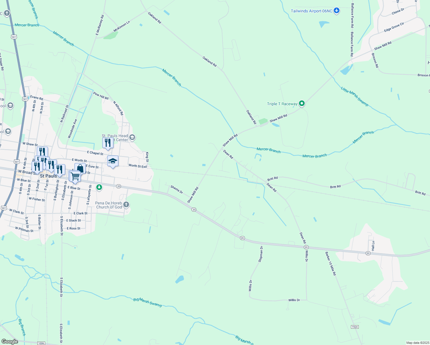 map of restaurants, bars, coffee shops, grocery stores, and more near 72 Berkshire Drive in St. Pauls