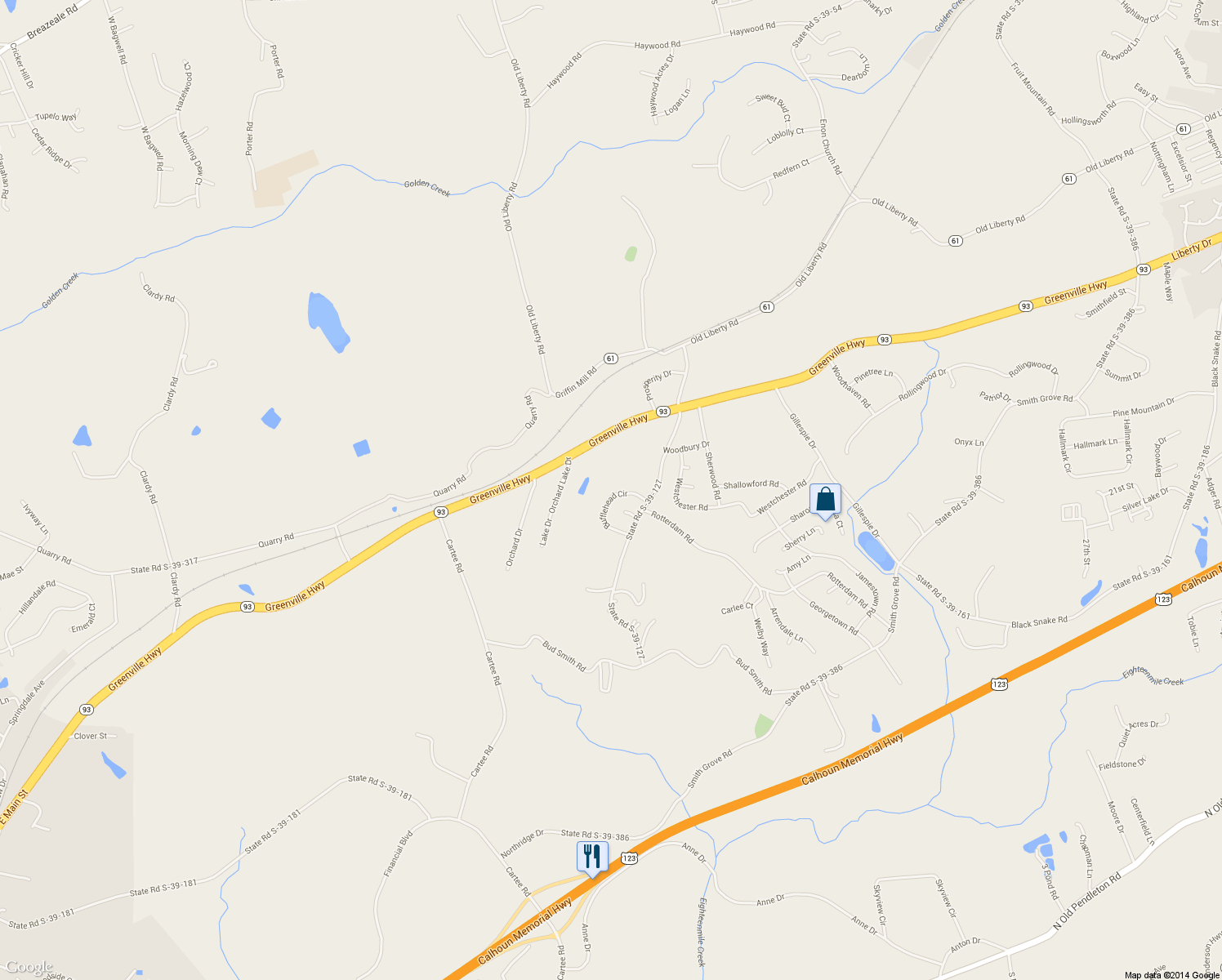 map of restaurants, bars, coffee shops, grocery stores, and more near 128 Bufflehead Cir in Liberty