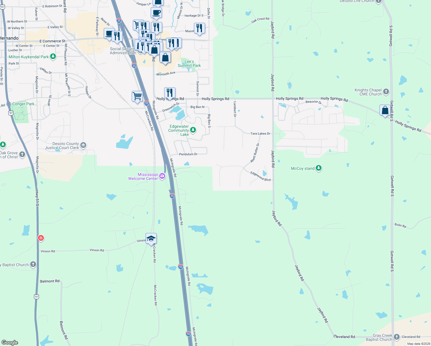 map of restaurants, bars, coffee shops, grocery stores, and more near 3624 Edgewood Boulevard West in Hernando