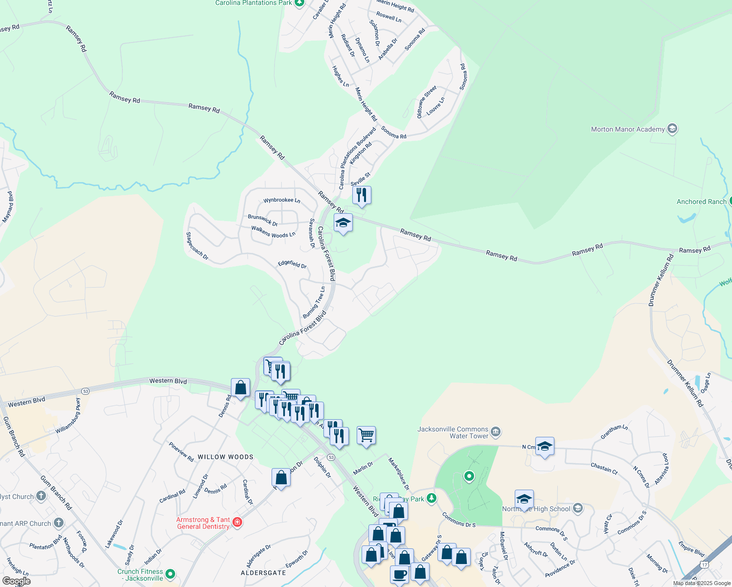 map of restaurants, bars, coffee shops, grocery stores, and more near 308 Bridgewood Drive in Jacksonville