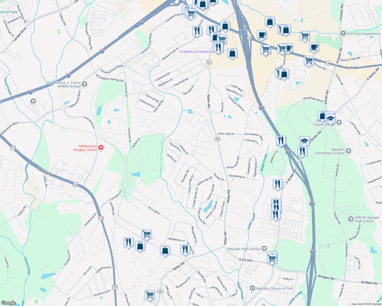 map of restaurants, bars, coffee shops, grocery stores, and more near 414 Hamby Drive in Greenville