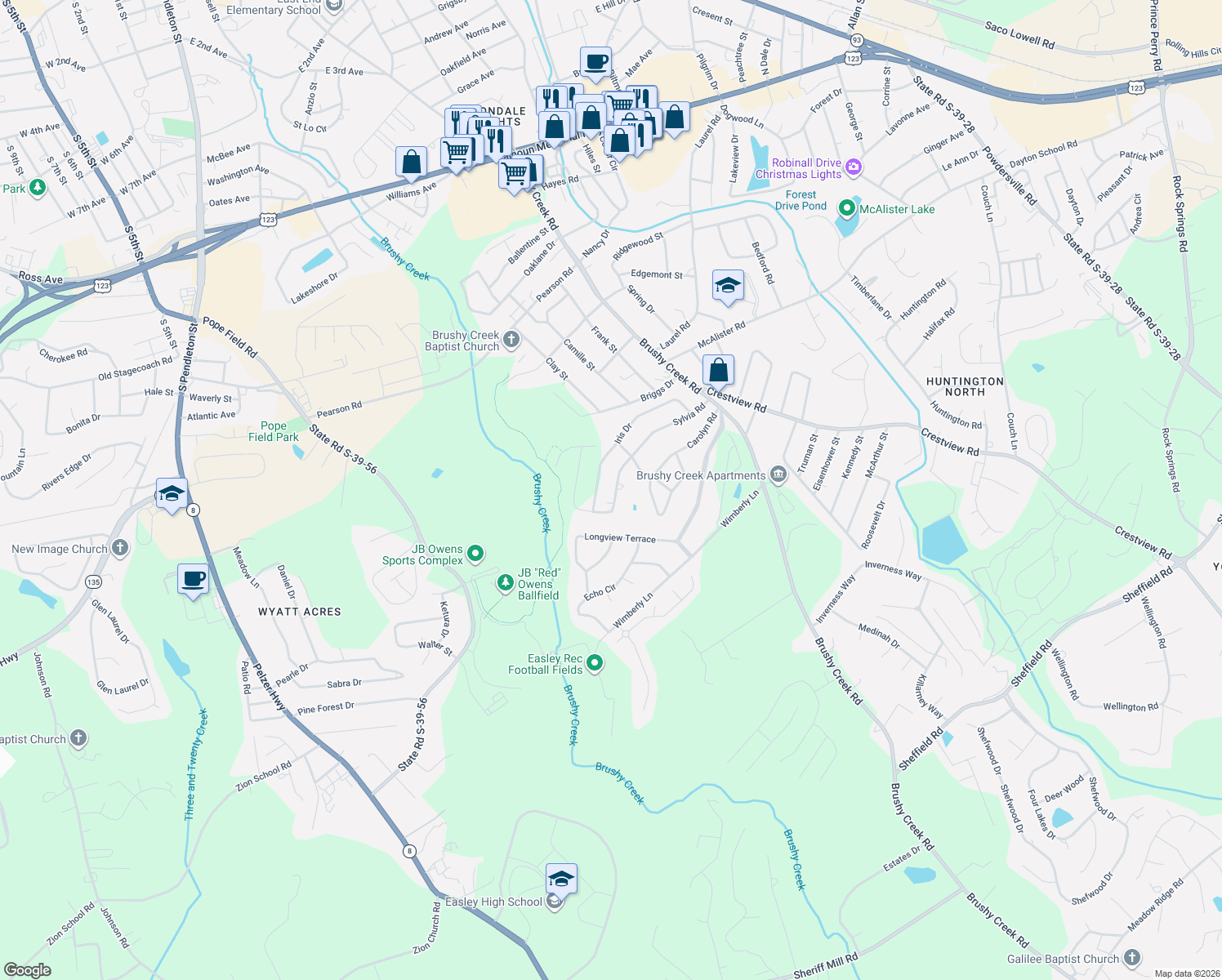map of restaurants, bars, coffee shops, grocery stores, and more near 312 Sylvia Road in Easley