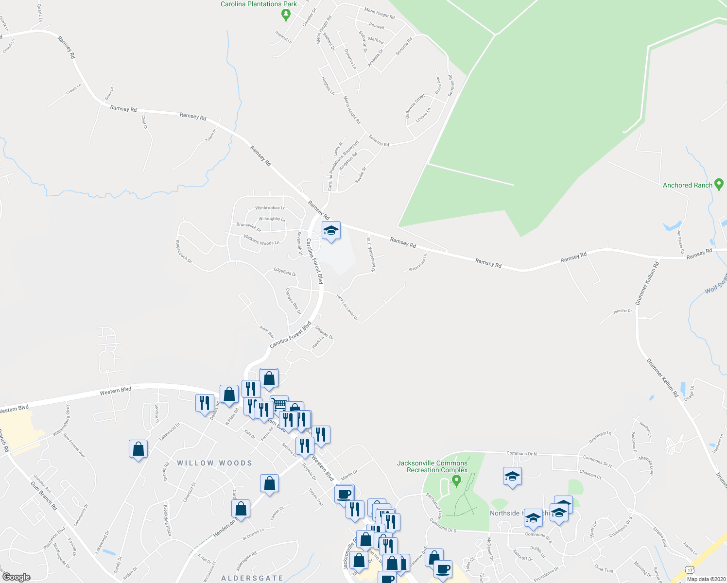 map of restaurants, bars, coffee shops, grocery stores, and more near 704 Springwood Drive in Jacksonville