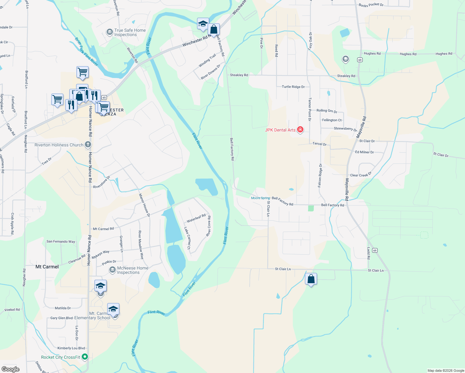 map of restaurants, bars, coffee shops, grocery stores, and more near 580 Bell Factory Road in Huntsville