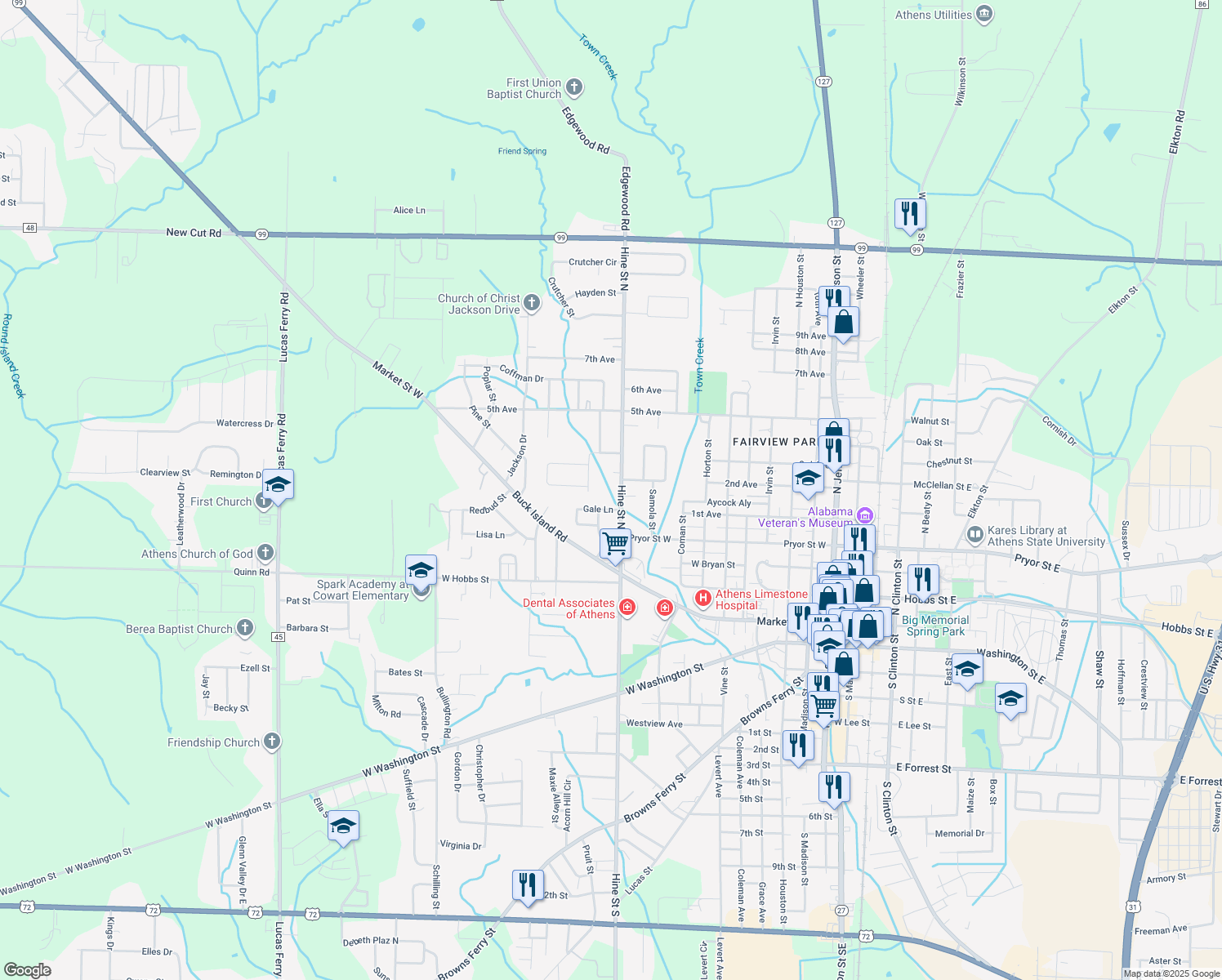 map of restaurants, bars, coffee shops, grocery stores, and more near 509 Hine St N in Athens