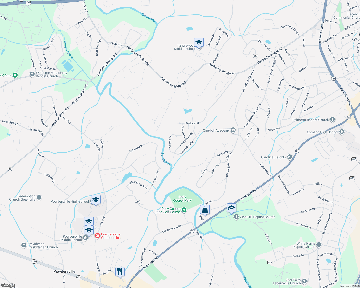 map of restaurants, bars, coffee shops, grocery stores, and more near 7 Hydro Court in Greenville