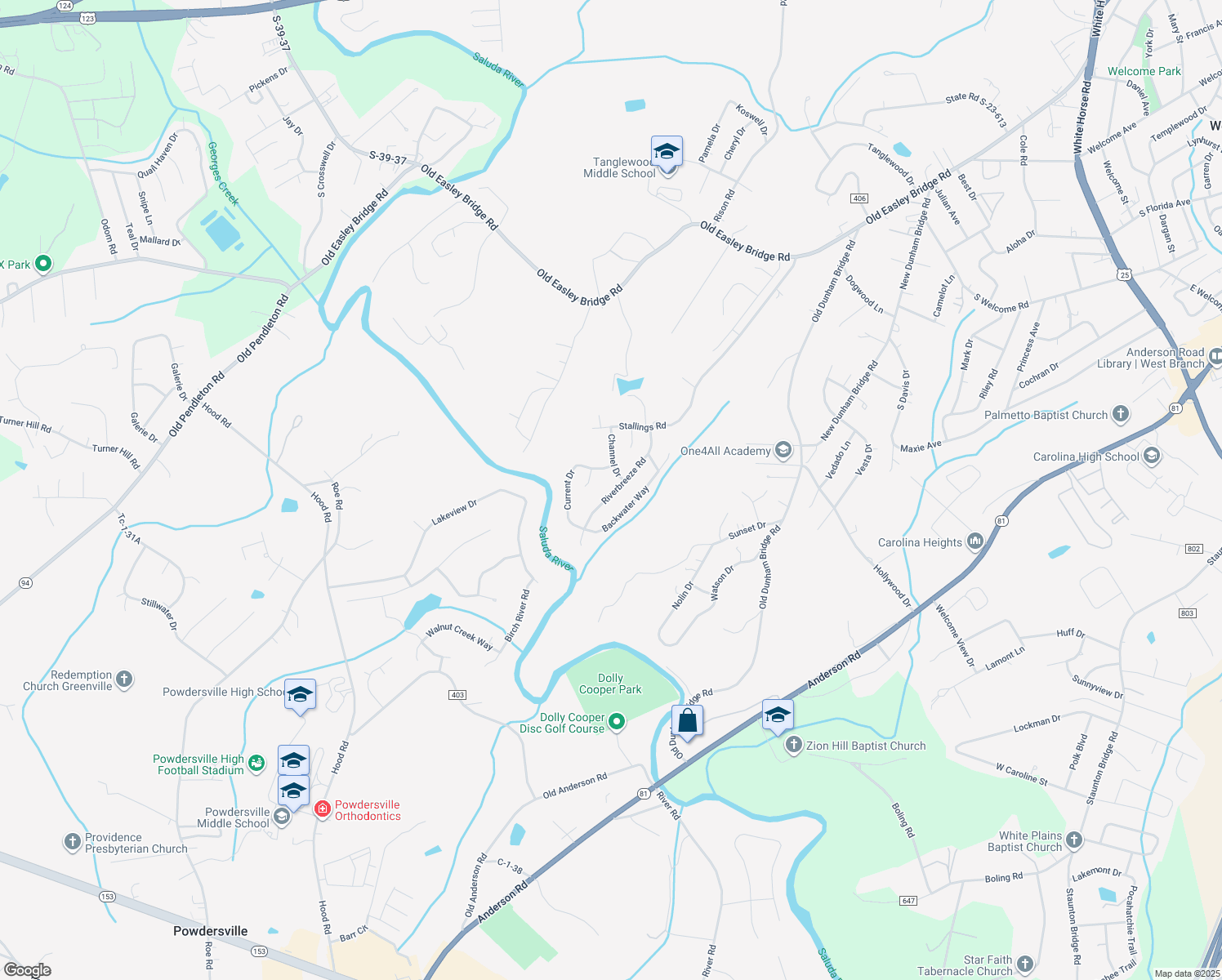 map of restaurants, bars, coffee shops, grocery stores, and more near 204 Riverbreeze Road in Greenville